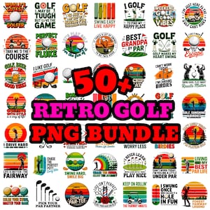 Op de afbeelding: Een verzameling van meer dan 50 retro golf-thema PNG-afbeeldingen. De ontwerpen bevatten golfballen, golfers en zinnen als "Swing Easy, Live Happy" en "Best Grandpa by Par". Het kleurenpalet omvat rood, groen en geel.