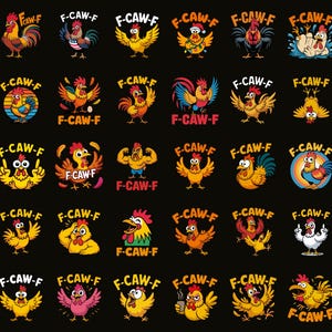 May include: A black background features a pattern of cartoon roosters in various poses. Each rooster is a different color and design, with the text "F-CAW-F" above them. The roosters are depicted with different expressions and accessories.