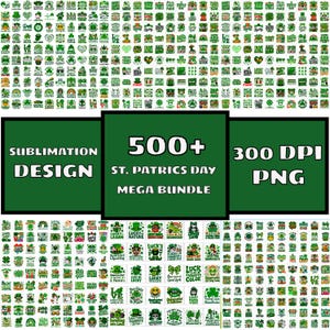 Op de afbeelding: Een verzameling St. Patrick's Day sublimatieontwerpen in groen en wit. De afbeelding bevat de tekst "500+ St. Patricks Day Mega Bundle" en "300 DPI PNG". De ontwerpen tonen klavers, kabouters en andere feestelijke elementen.