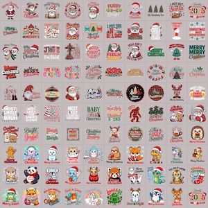 May include: A collection of Christmas-themed graphic designs. The designs feature Santa Claus, festive phrases, and various holiday characters. The color palette includes red, green, and white, with some designs incorporating other colors.