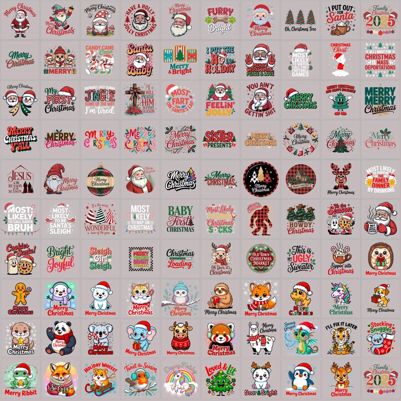 May include: A collection of Christmas-themed graphic designs. The designs feature Santa Claus, festive phrases, and various holiday characters. The color palette includes red, green, and white, with some designs incorporating other colors.