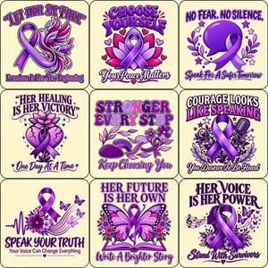 Könnte beinhalten: Eine Sammlung von neun quadratischen Grafikdesigns mit violetten Bewusstseinsschleifen, Blumenmotiven, Schmetterlingen und inspirierenden Texten wie Let Her Be Free, Choose Yourself, No Fear No Silence, Her Healing Is Her Victory, Stronger Every Step, Courage Looks Like Speaking, Speak Your Truth, Her Future Is Her Own und Her Voice Is Her Power.