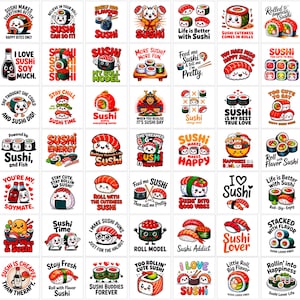 Może przedstawiać: Kolekcja naklejek z motywem sushi. Każda naklejka przedstawia ilustracje rolek sushi, nigiri i innych japońskich potraw z zabawnymi tekstami, takimi jak "Sushi Lover" i "Sushi Time". Naklejki są zaprojektowane w stylu kreskówkowym.