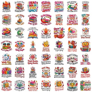 May include: A collection of colorful, illustrated stickers with book and spice themes. Text includes phrases like "Spicy Reads," "Sweet Stories," and "Fast Reads, Fierce Heat." The stickers feature various designs, including books, flames, and cute characters.