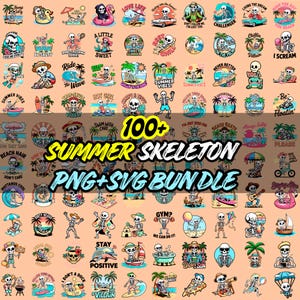 May include: A bundle of over 100 summer skeleton designs in PNG and SVG formats. The illustrations depict skeletons enjoying beach activities, with phrases such as "Summer Vibes" and "Be Salty" included.