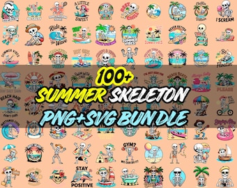 May include: A collection of over 100 summer-themed skeleton designs in PNG and SVG formats. The designs feature skeletons in various beach and vacation settings, with text like "Summer Vibes" and "Be Salty."