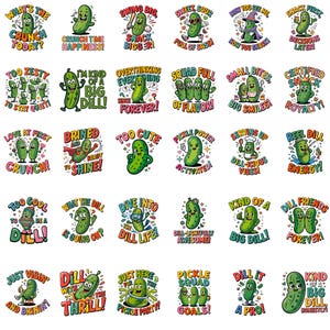 Könnte beinhalten: Eine Sammlung farbenfroher Cartoon-Gurken-Aufkleber mit verschiedenen Sätzen wie "Crunch Time Happiness!" und "Dill Friends Forever!". Die Aufkleber zeigen grüne Gurken mit ausdrucksstarken Gesichtern und kräftiger Typografie.