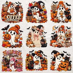 Könnte beinhalten: Eine Sammlung von neun Illustrationen mit weißen Geistern, schwarzen Katzen, orangefarbenen Kürbissen, Herbstblättern und Kaffeegetränken. Einige Geister tragen Hüte und Schals. Text beinhaltet COFFEE fuel for Spooky Souls und HALLOWEEN TOWN.