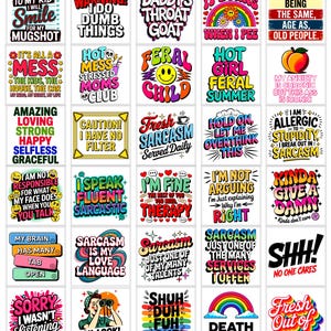 30+ Sarkastiska T-shirtdesigner | Roliga Sassy Citat PNG-paket | Födelsedagshumorpresent