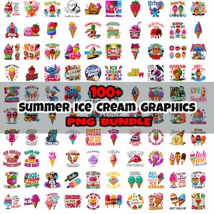 May include: A collection of over 100 summer-themed ice cream graphics in a PNG bundle. The images feature various ice cream cones, characters, and text such as "Summer Vibes" and "Ice Cream Day".
