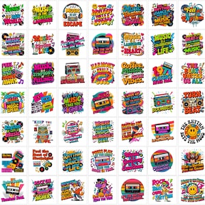 Op de afbeelding: Een verzameling kleurrijke retro-stickers met verschillende muziekgerelateerde zinnen en afbeeldingen. Ontwerpen omvatten cassettes, boomboxen en tekst zoals "Feel the Rhythm" en "Music is the Universal Language."