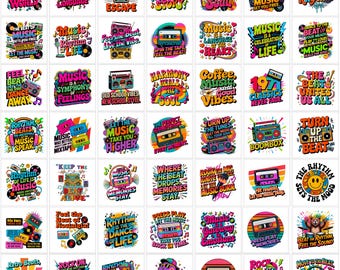 Retro Musik PNG Bündel | Classic Rock, Pop, Metal, Neon, Party Designs für Sublimation & Cricut