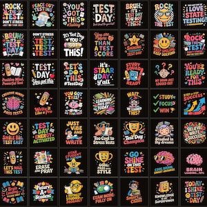 以下が含まれることがあります： 試験日のためのモチベーションフレーズが書かれた正方形のグラフィックデザインのコレクション。各デザインは、鉛筆、星、笑顔の顔など、カラフルなテキストとイラストが特徴です。全体的なテーマは励ましとポジティブさです。