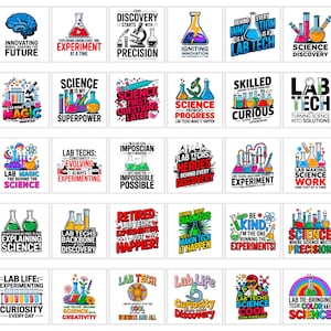 Może przedstawiać: Kolekcja grafik o tematyce naukowej z tekstem. Projekty obejmują zlewki, probówki i frazy takie jak "Science is my superpower" i "Lab Techs: Heroes Behind Every Discovery".