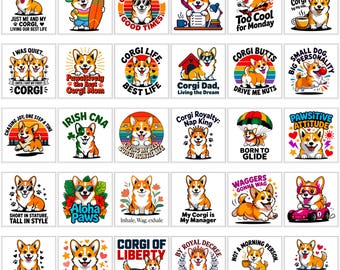 Pacote com mais de 30 imagens PNG de Corgi | Presente para amantes de cães | Design divertido de animais de estimação | Estampas para camisetas