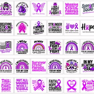 May include: Collection of square graphics with purple ribbons and text related to Cystic Fibrosis awareness. Designs include phrases like "We Wear Purple," "Fight Hard Fight Strong," and "Hope." The graphics feature various fonts and layouts.