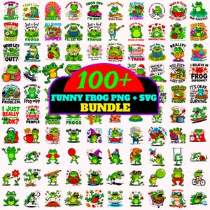 Può includere: Una raccolta di oltre 100 grafiche PNG e SVG a tema rana divertente. Le immagini presentano rane verdi in pose umoristiche con testo come "Frog Off", "I'm Busy" e "Who Let the Frogs Out?" Il pacchetto include una varietà di design.