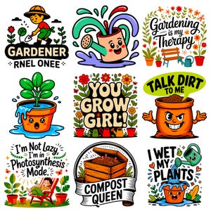 Peut inclure: Ensemble de neuf autocollants colorés sur le thème du jardinage. Les autocollants présentent des illustrations de dessins animés de plantes, d'outils de jardinage et des phrases telles que "Gardening is my Therapy" et "You Grow Girl !" Les motifs comprennent des couleurs vives et des polices ludiques.