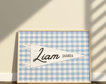Custom Nursery Pennant Name Sign | Personalized Gingham Baby Wall Art Print | Digital Download