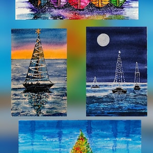 Holiday Boats Watercolor Print Set, Christmas Card Art