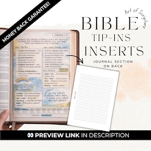 Könnte beinhalten: Bibel-Tip-In-Einsätze mit Journalbereich auf der Rückseite. Die Einsätze enthalten Text aus 1. Mose 1-11, einschließlich Hauptthemen, Schlüsselpersonen und Hauptereignissen. Das Bild enthält auch den Text "Geld-zurück-Garantie!" und "Vorschau-Link in der Beschreibung."