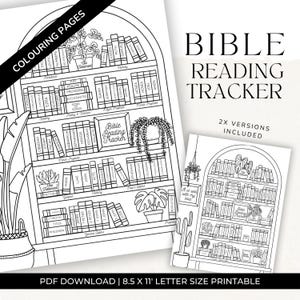 以下が含まれることがあります： 本棚のデザインの白黒印刷可能な聖書読書トラッカー。デザインには聖書の書物の名前と装飾的な植物が含まれています。「Bible Reading Tracker」のテキストが表示されます。2つのバージョンが含まれています。PDFダウンロード、A4サイズ。