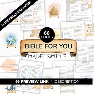 Op de afbeelding: Een verzameling van 66 bijbelstudie-samenvattingspagina's met aquarelillustraties en tekst. Een centrale banner bevat de tekst 66 BOOKS BIBLE FOR YOU MADE SIMPLE. De pagina's bevatten titels zoals Genesis, Kolossenzen en Esther met thema's.