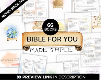 May include: A collection of 66 Bible study summary pages featuring watercolor illustrations and text. A central banner reads 66 BOOKS BIBLE FOR YOU MADE SIMPLE. The pages include titles like Genesis, Colossians, and Esther with various religious themes.