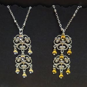 Melkorka - Traditional Norwegian Sølje Style Filigree Silver Plated Double Cloverleaf Necklace with Silver or Gold Drops