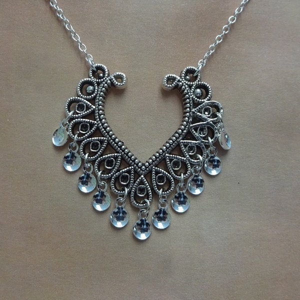 Jenny- Traditional Norwegian Silver Plated Filigree Heart Sølje Style Necklace with either silver or gold drops