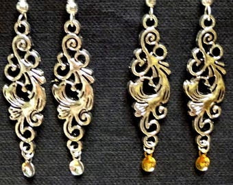 Linda, Antique Silver Plated Long Drop Earrings with Elegant Scroll Design with your choice of either Silver or Gold Drops