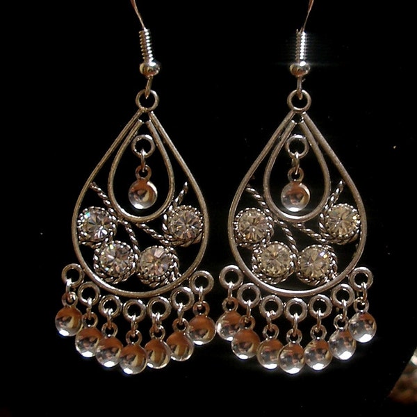 Solveig - Antique Silver Plated Double Teardrop Filigree Norwegian Solje Style Earrings with Swarovski Crystals, SilverDrops on Earwires