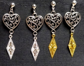 Valdis - Traditional Norwegian Filigree Sølje Style Rosemal Scroll Heart Earrings with Rhombus Drops