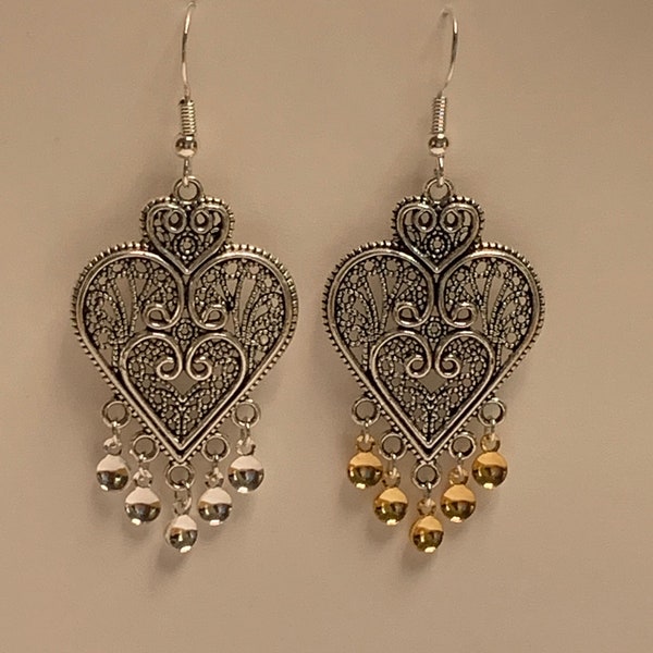 Elle -Norwegian Sølje Style Filigree Antique Silver Heart Pair Earrings with Drops on .925 Sterling Silver or Silver Plated Posts or Wires