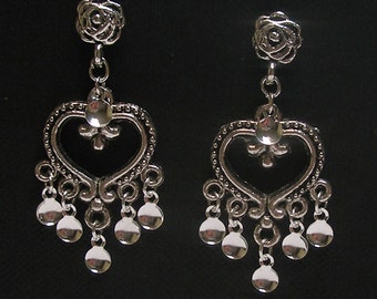 Helge - Antique Silver Plated Hearts Traditional Norwegian Sølje Style Earrings with silver drops on rose posts