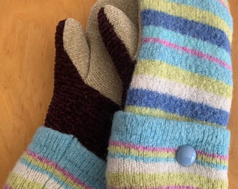 Size Small, Blue, White, Brown, Pinks and Beige UpCycled, ReCycled, Vintage Wool/Polyester Blend Sweaters Polar Fleece Lined Mittens