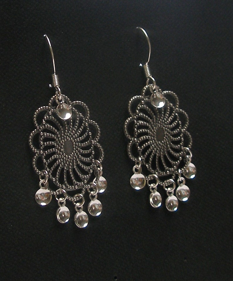 Agnete Antique Silver Plated Oval Filigree Traditional Norwegian Sølje Style Earrings with Silver Drops image 5