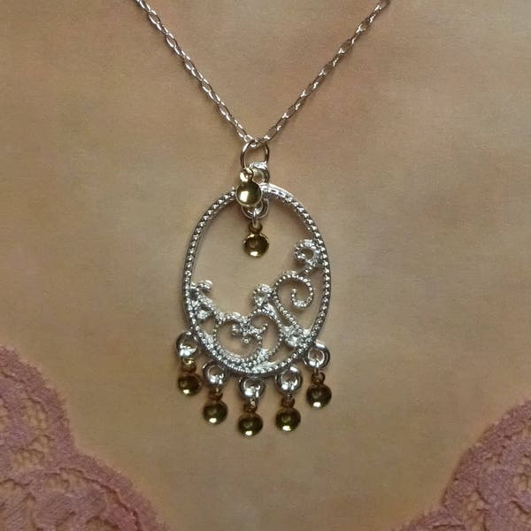 Grete, White Silver Plated Oval Necklace with Elegant Scroll Design with either Silver or Gold Drops