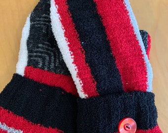 Size Small/Medium, Black  Red Gray and White  Up-Cycled, Re-Cycled, Vintage Wool/Polyester Blend Sweaters Polar Fleece Lined Mittens