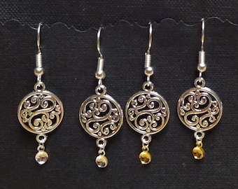 Lovise-Norwegian Sølje Style Silver Rosemaling Scroll Earrings with Drops on .925 Sterling Silver or Silver Plated Posts or Wires