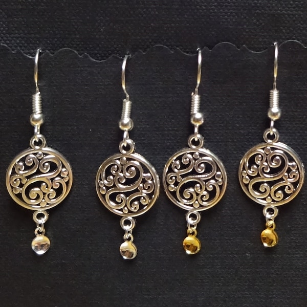 Lovise-Norwegian Sølje Style Silver Rosemaling Scroll Earrings with Drops on .925 Sterling Silver or Silver Plated Posts or Wires