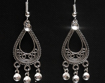 Ingrid - Traditional Antique Silver Teardrop Filigree Norwegian Sølje Style Earrings with Silver Drops