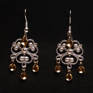 Asa - Traditional Norwegian Fancy Clover Filigree Sølje Style Earrings with Golden Drops