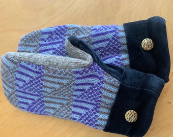 size Small, Purple Black and Gold with Shades of Gray UpCycled, ReCycled, Vintage Wool/Polyester Blend Sweaters Polar Fleece Lined Mittens