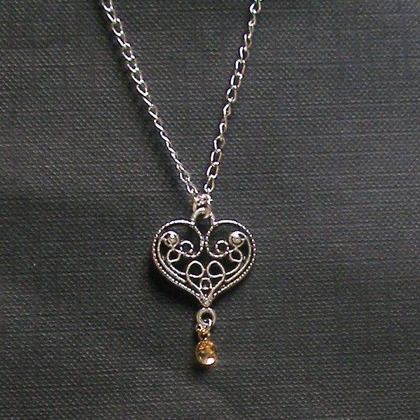 Astrid - Traditional Norwegian Antique Filigree Heart Sølje Style Necklace with Golden Drop