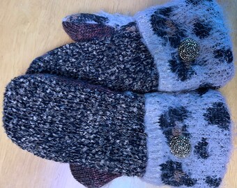SizeSmall/Medium, Gold Ribbon, Black and Leopard Print, UpCycled, ReCycled, Vintage Wool/Polyester Blend Sweaters Polar Fleece Lined Mittens