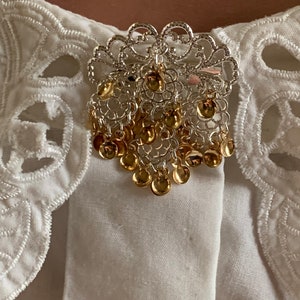 Pernille - Lovely Traditional Norwegian Sølje Style Silver Plated Filigree Baby Brooch Pin with Gold Drops