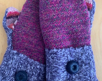 Size Large, Shades of Purples,Red and Pink, UpCycled, ReCycled, Vintage Wool/Polyester Blend Sweaters Polar Fleece Lined Mittens