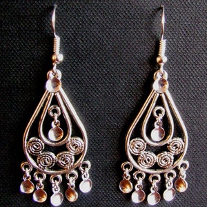 Karin-Antique Silver Teardrop Filigree Norwegian Sølje Earrings with Silver Drops, .925 Sterling Silver or Silver Plated Posts and Earwires