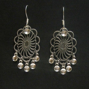 Agnete Antique Silver Plated Oval Filigree Traditional Norwegian Sølje Style Earrings with Silver Drops image 2